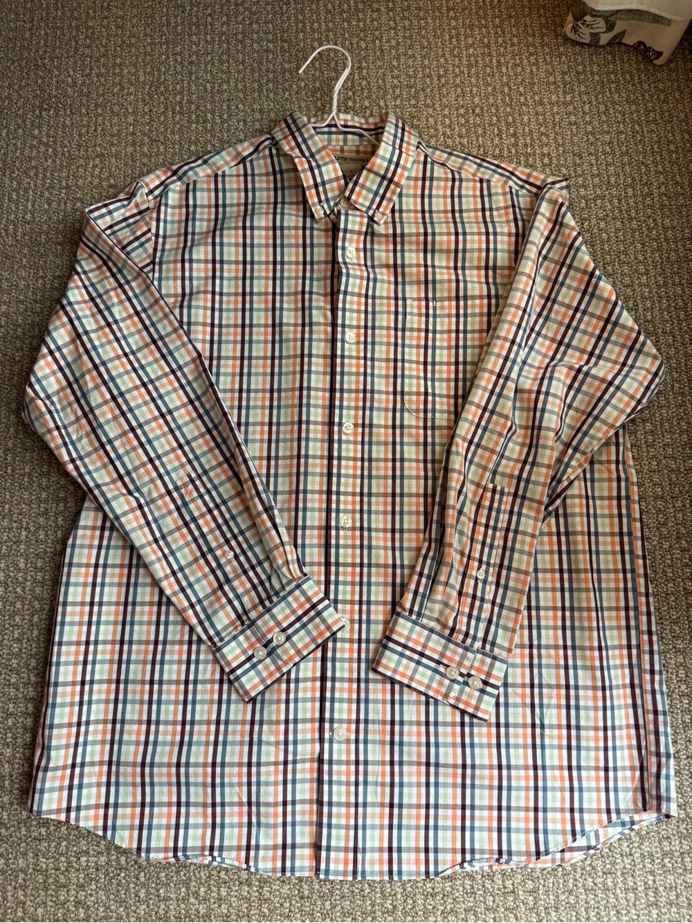 Duluth Trading Co Orange, Blue and Cream Plaid Button-Down Shirt